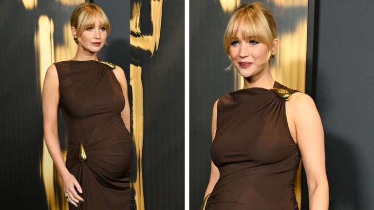 pregnant jennifer lawrence governors awards 2024 bottega veneta dress