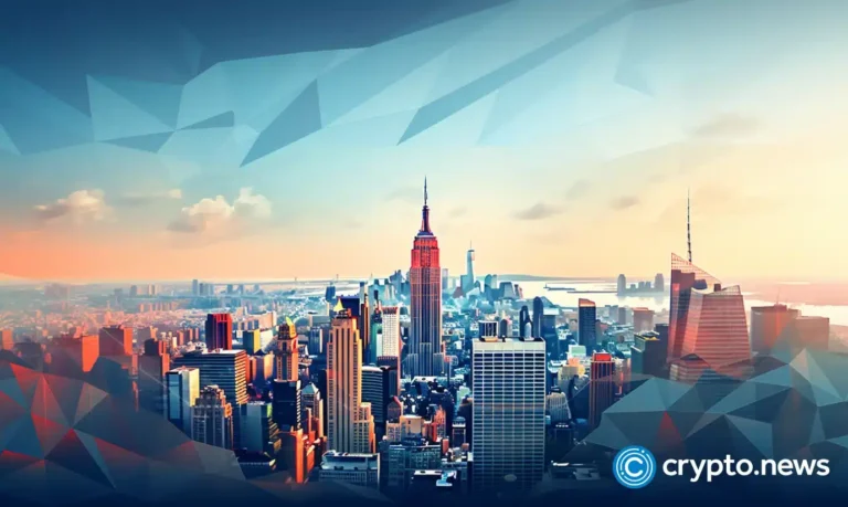 crypto news New York top side view blurry blockchain background low poly style01